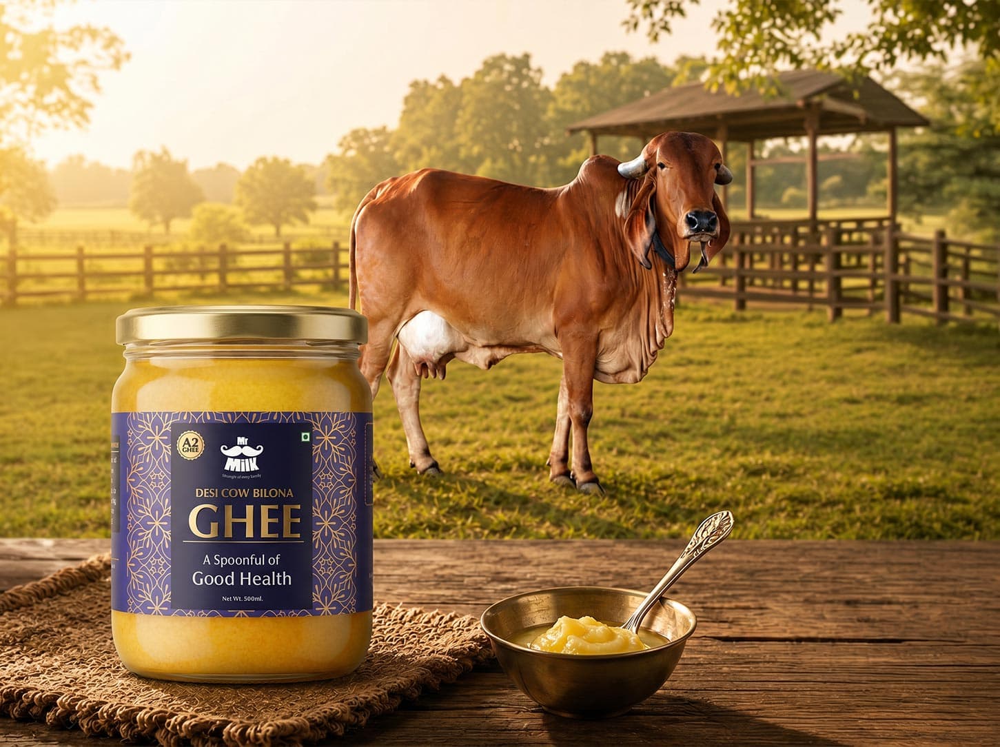 Gir cows grazing freely at our partner farms — source of Mr. Milk A2 Desi Ghee