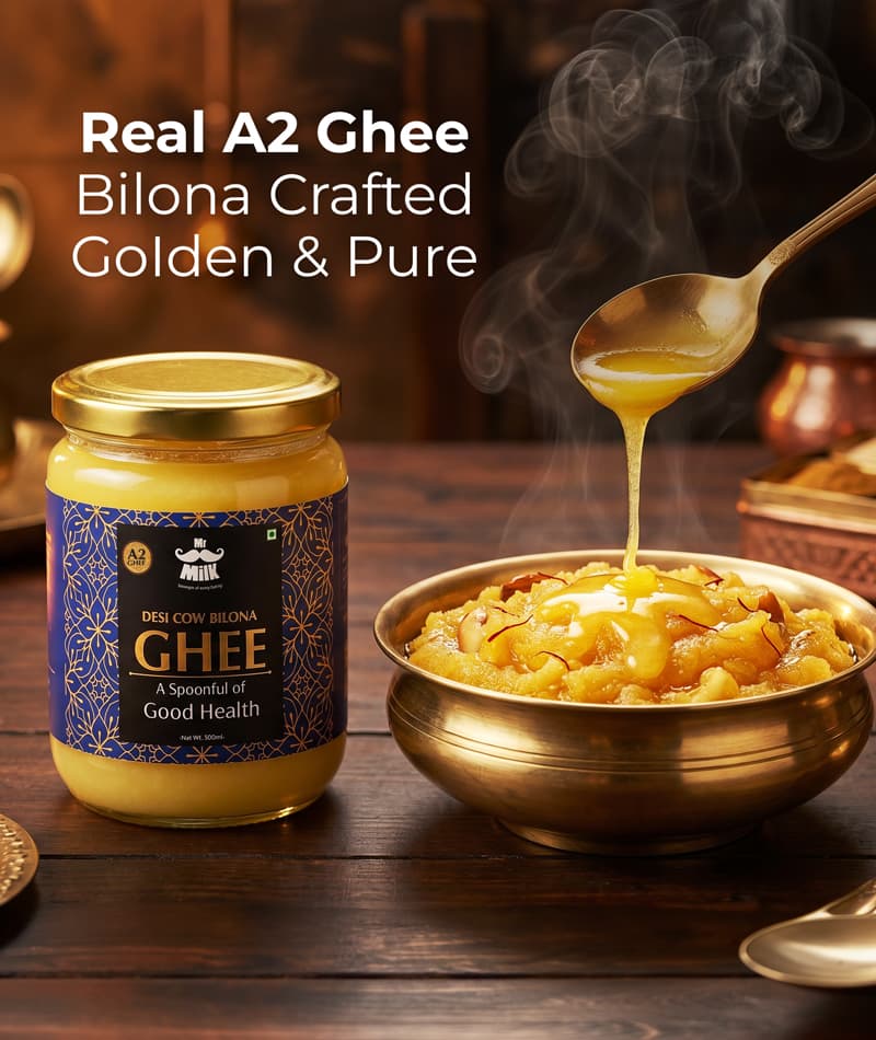 Mr. Milk A2 Desi Ghee — Pure Bilona Method Ghee in a glass jar